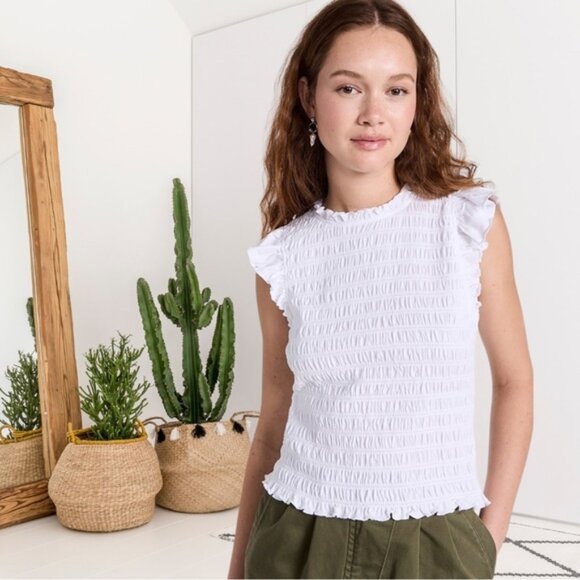 Veronica Beard Ruffle Flutter Sleeve Smocked Top - Picture 2 of 13